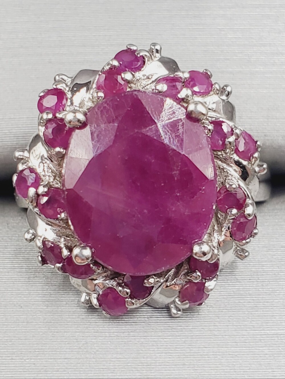 Genuine Oval Ruby Halo 925 Sterling Silver Statement Ring